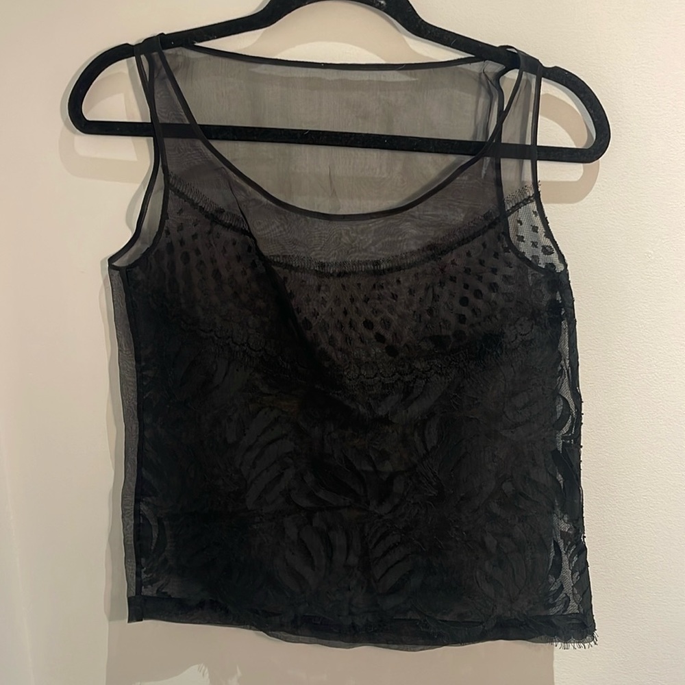 Vintage Valentino Roma Black Sheer Lace Tulle Floral Sleeveless Blouse Sz 40/US4